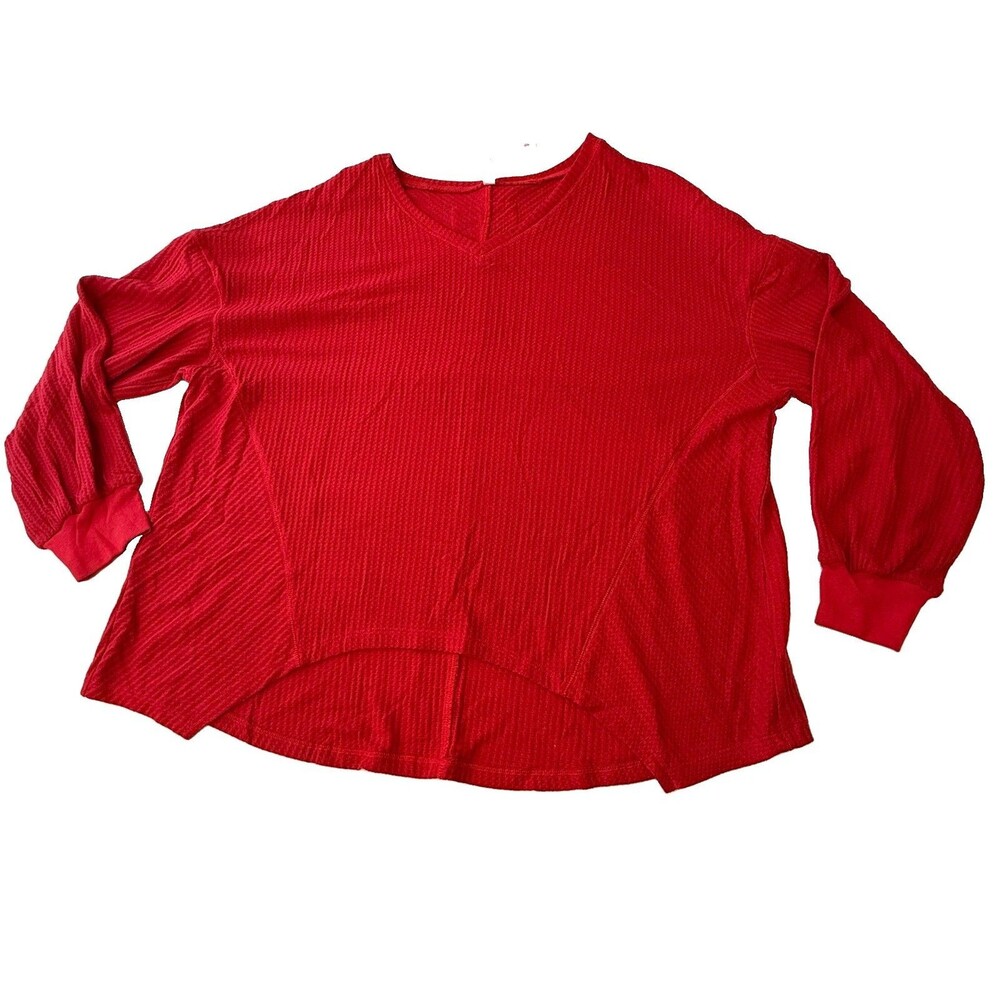 Red Ribbed V Neck Top XXL Balloon Sleeve High Low Hem NWT Plus Size